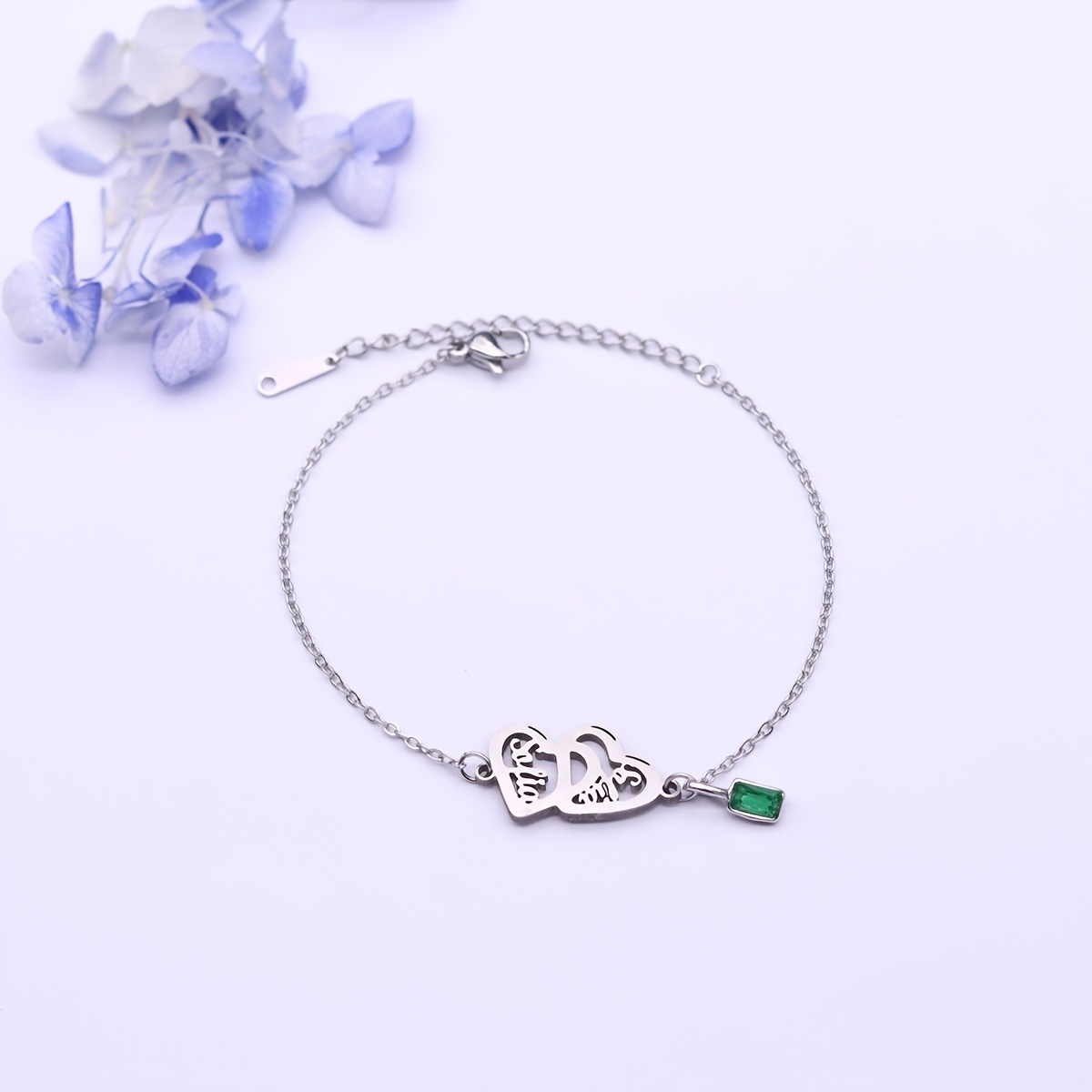 Custom Name Heart Bracelet with Green, Adjustable Stainless Steel Chain